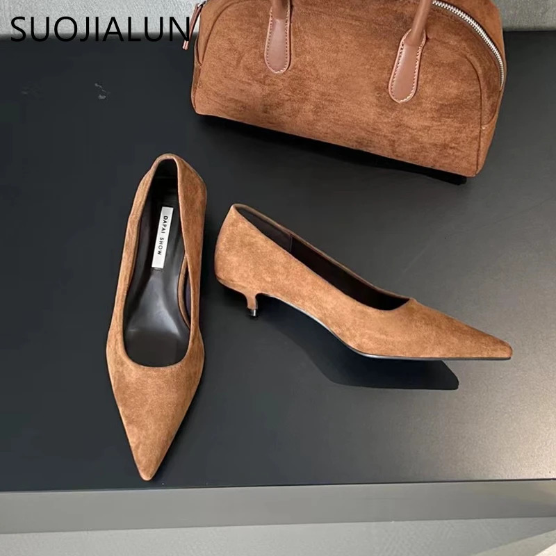 SUOJIALUN Autumn Women Pumps Shoes Fashion Pointed Toe Shallow Slip On Ladies Elegant Dress Pumps Thin Low Boat Shoes 251110