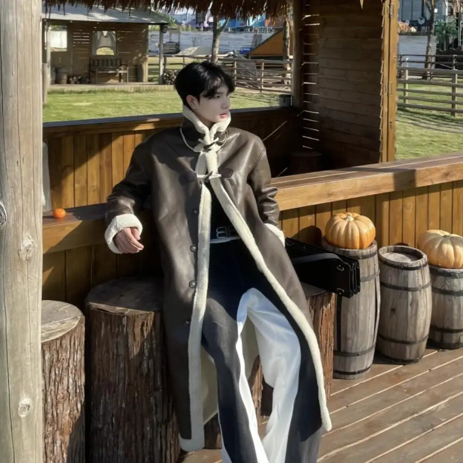 Trend Warm Long Trench Coat Mens Winter Faux Fur Lined Jacket Thicken Warm Versatile Faux Fur Coat PU Leather Overcoat 251110