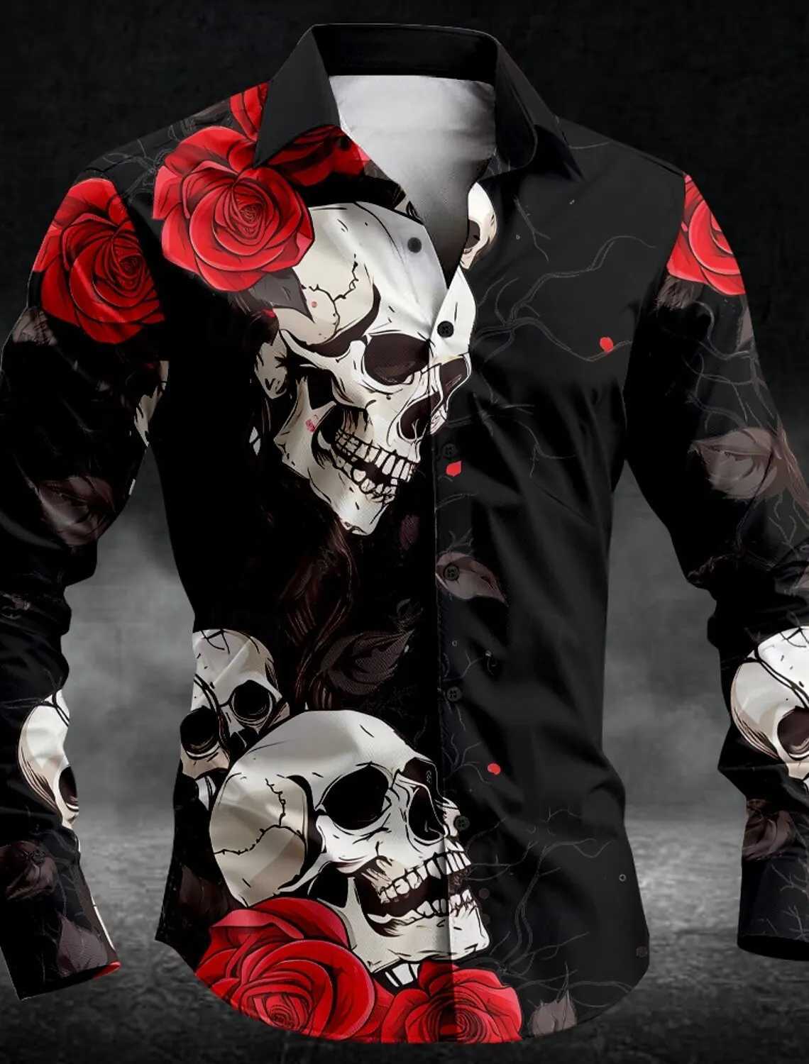Mens Rose Skull Casual Dark Mens Button-Down Shirt Long Sleeve Party Evening Daily Shirt Collar Button K251110