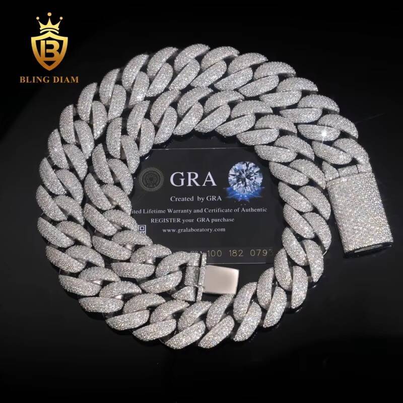 Hip Hop Fine Jewelry Rapper Sterling Silver 925 Necklace Iced Out VVS Moissanite Diamond Miami Cuban Link Chain Necklace