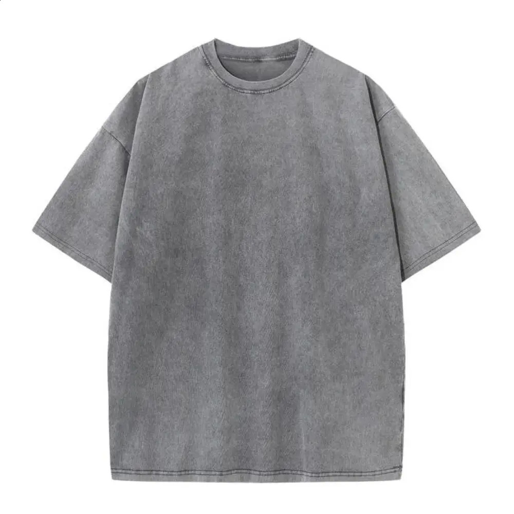 230G pure cotton retro T-shirt with off shoulder sleeves mens retro short sleeved T-shirt solid color hip-hop loose T-shirt 250411