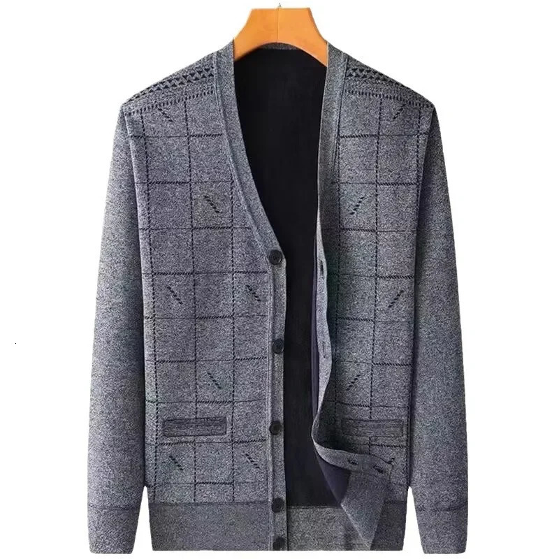 Winter Plush and Thickened Middleaged Elderly Mens Knitted Cardigan Sweater Jacket Vneck Dad Loose Knit 251030