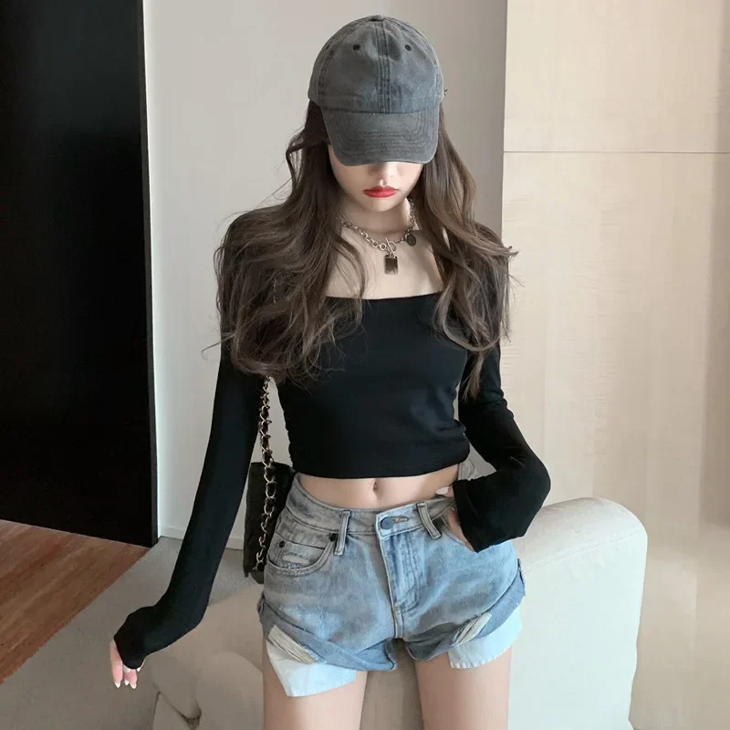 Sexy square neckline womens cut BM style bottom Tshirt high waisted long sleeved suitable for spring and summer 250407