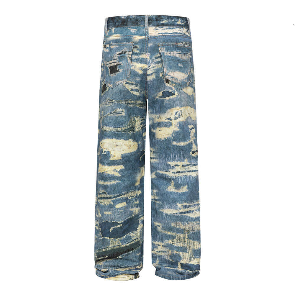 Women's Wear Women's Wear Abandoned Soil Style Full Vintage Printing, Denim Pants, Trendy High Street Design, Niche Loose Straight Leg Pants