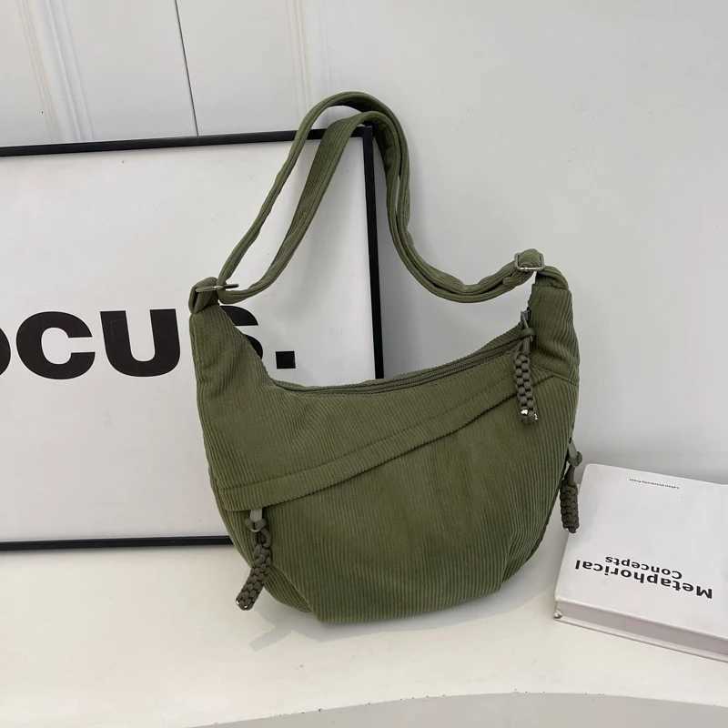 Women Fashion Shoulder Bag Multi-pockets Daily Messenger Bag Adjustable Strap Corduroy Half Moon Bag with Pendant Commuting BagT251110