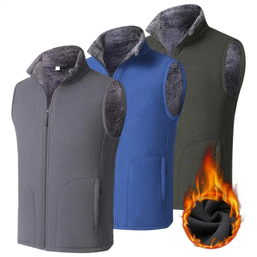 Mens sleeveless stand up collar solid color wool thick warm plus size winter coat 250411Z
