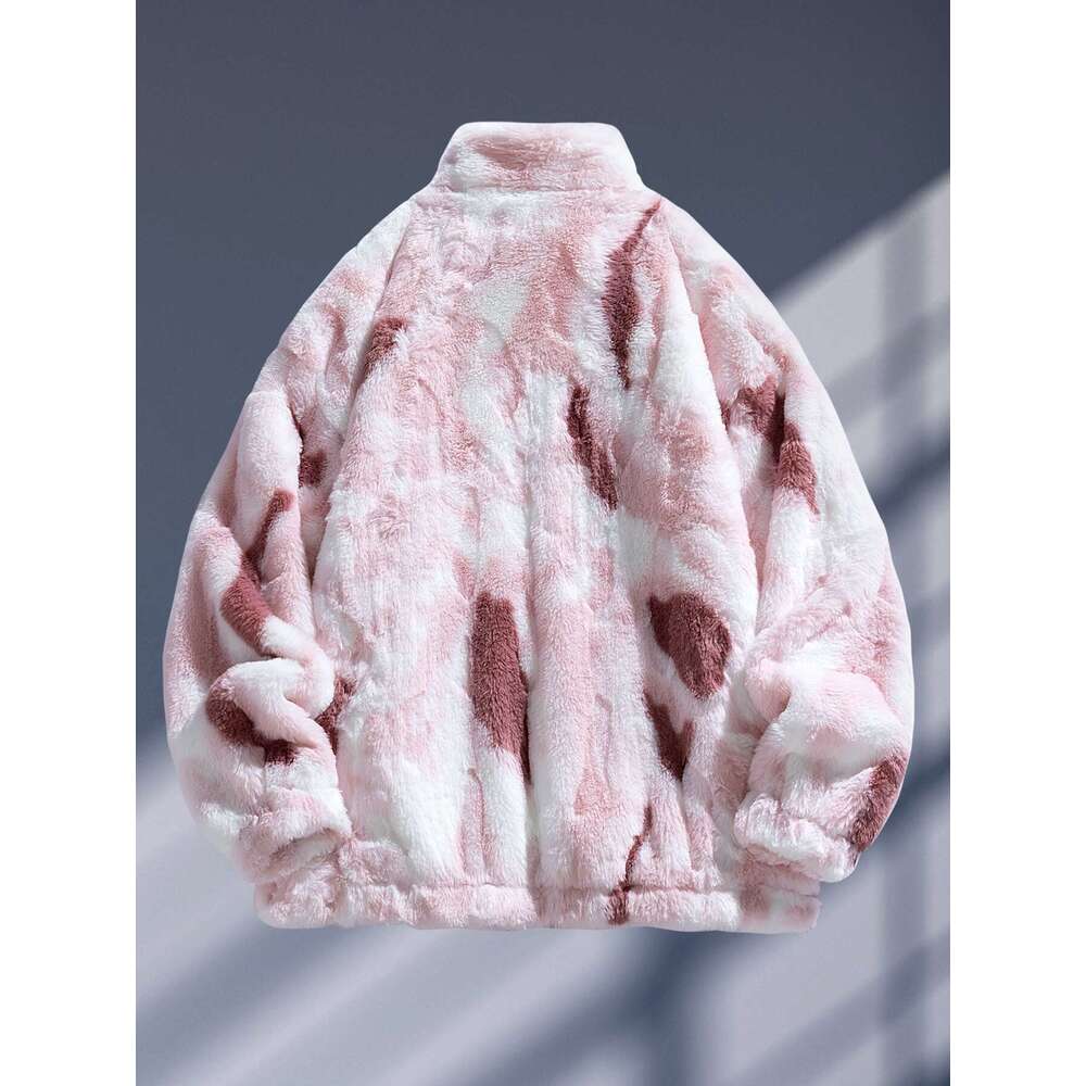 Women's Plush Fleece Jacket, Soft Pink Brown Marbled Texture Hooded Coat With Detachable Patch, Casual Winter Outerwear For Everyday & Formal Eve