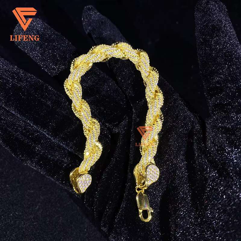 8mm Gold Plated 925 Sterling Silver Rope Chain Bracelet Custom Hip Hop Moissanite Diamond Fine Jewelry Rope Bracelet for Women