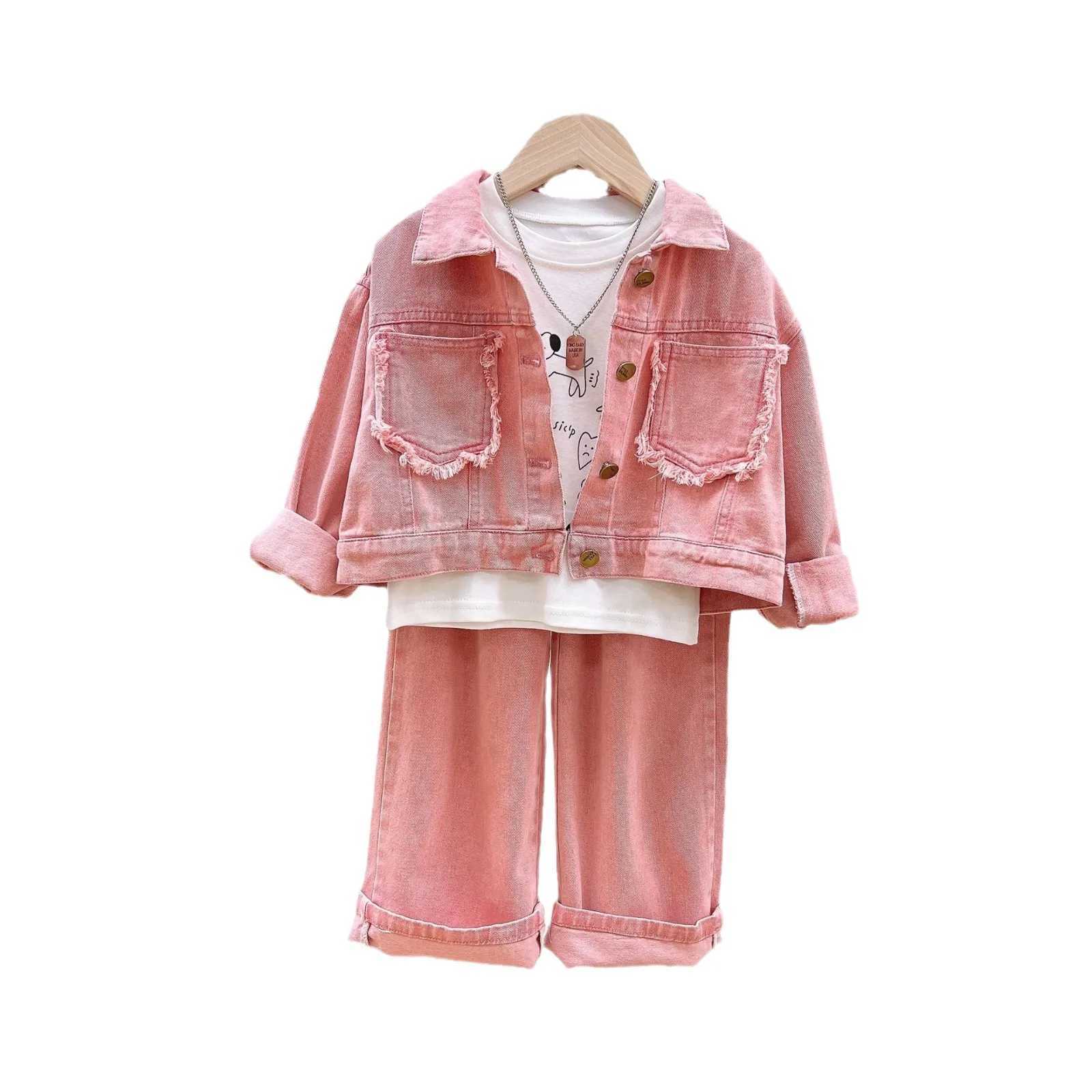 Childrens clothing set denim jacket and wide leg pants 2-piece set childrens clothing girl clothing set childrens boutique clothingXJ250410