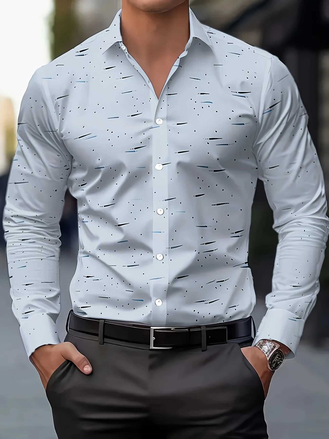 Mens Light Blue Casual Printed Button-Up Shirt - Breathable Polyester Long Sleeve with Collar Machine Washable for Spring K251110