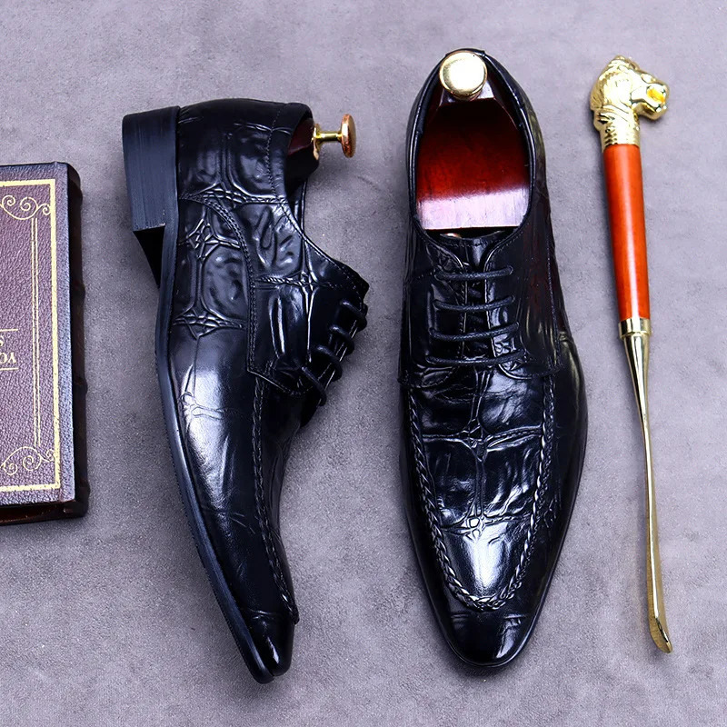 Men Pattern Genuine Leather Dress Shoes Pointed Toe Men Formal Business Wedding Shoes 251106