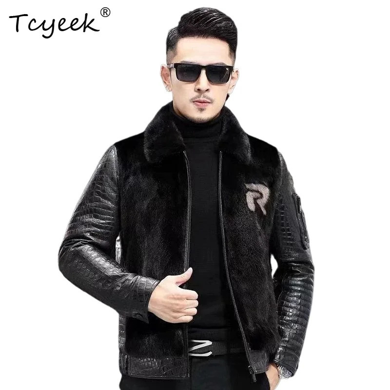 Tcyeek Sheepskin Mink Whole Autumn Winter Trendy V Neck Black Short Mens Genuine Leather Down Jacket Chaqueta Cuero Hombre 251103