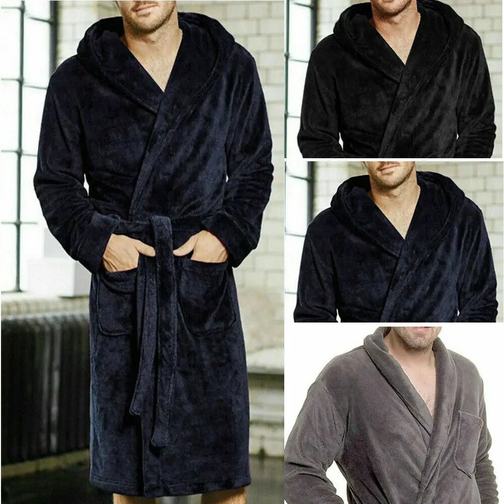 Casaul Mens Plush Shawl BathRobes with Sashes Men Soft Long Sleeve 2 Side Pockets Cloak Winter Solid Warm Dressing Gown MXXL 251111