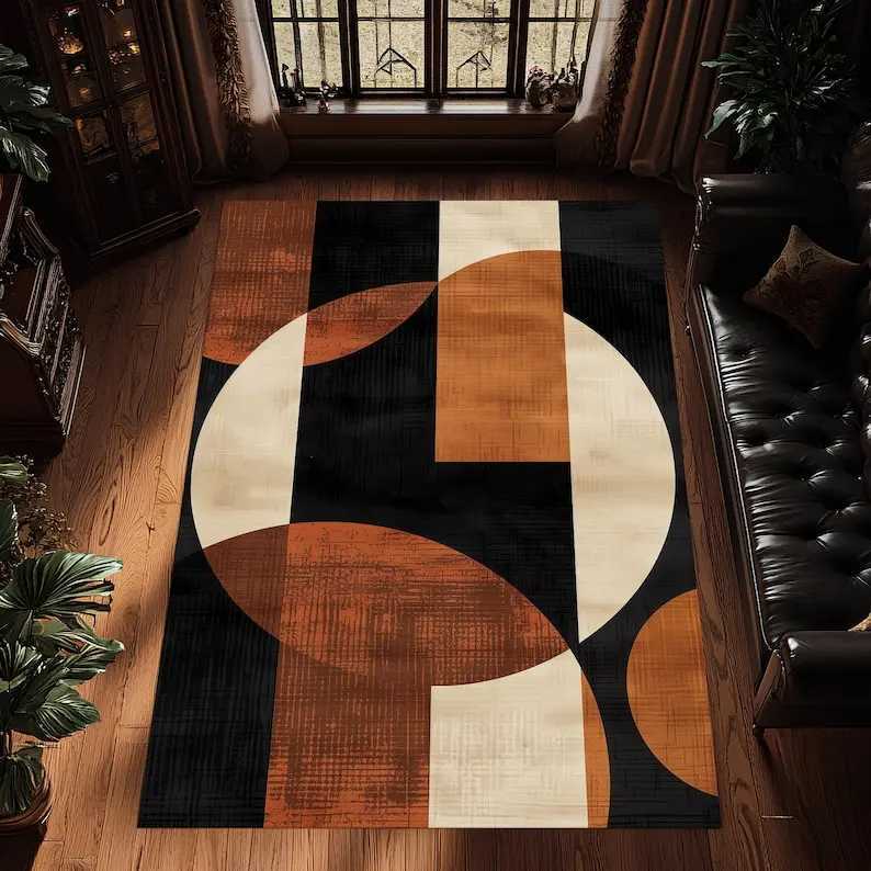 Abstract Circle Rug Burnt Orange Beige Black Carpet Modern Minimst Washable Floor Mat Y251110
