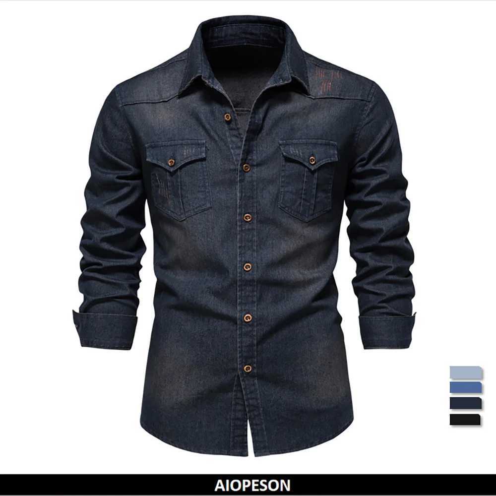 AIOPESON Elastic Cotton Denim Shirt Men Long Sleeve Quality Cowboy Shirts for Men Casual Slim Fit Jeans Men Shirts K251110