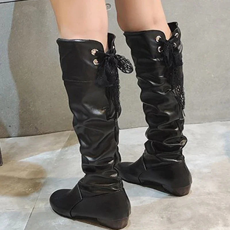 Shoes For Women Spring Knee High Boots Red Black White Tall Boots Woman Pleated Low Heel Casual Leather Female Long Shoes 251110