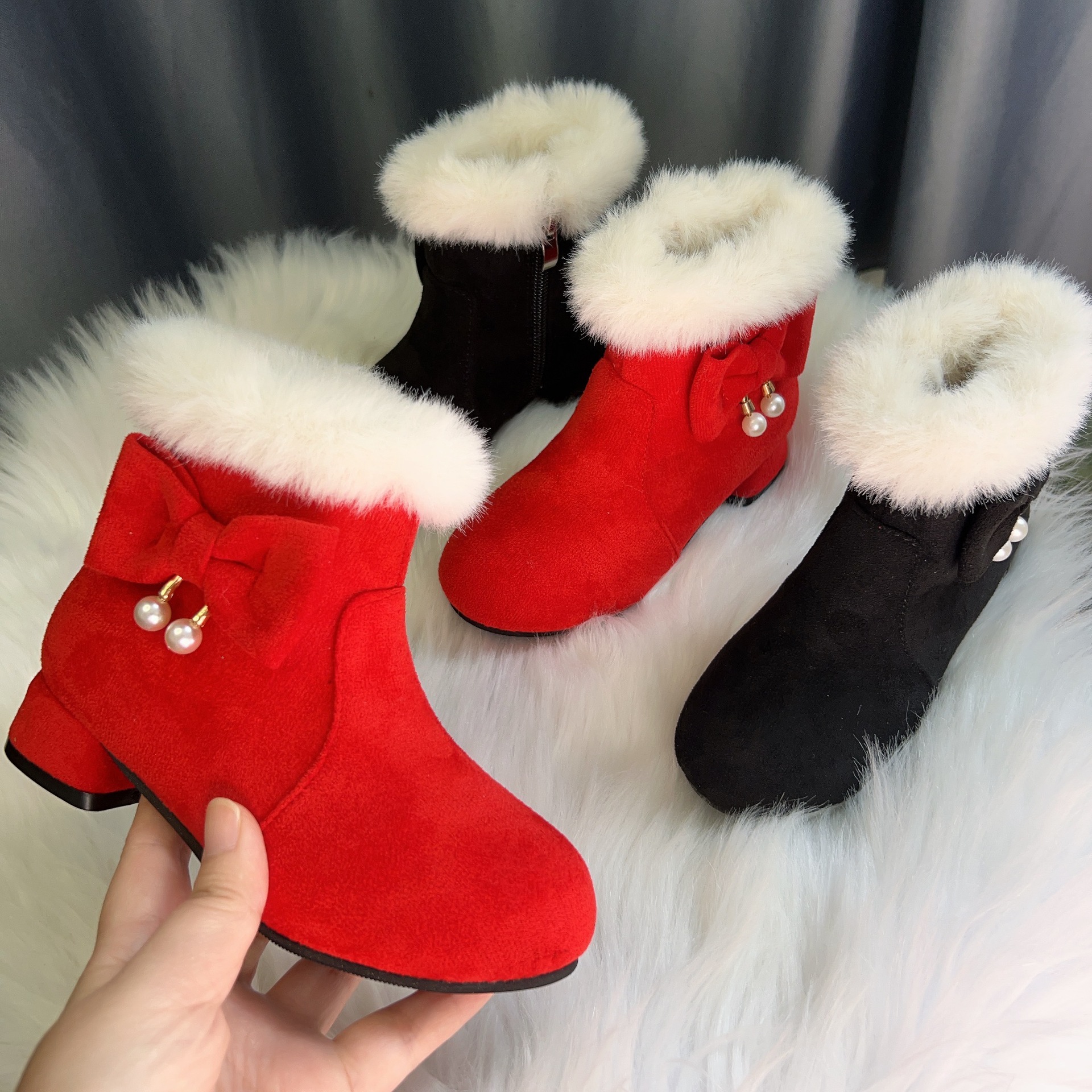 Red Black Girls Snow Boots Winter Comfortable Thick Warm Girl Children Boots Kidszworld Toddler Kids Suede Short Outdoor Boots Size 27 - 37 K0216