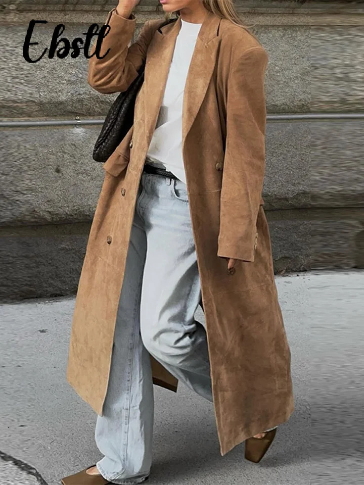 High Street Double-breasted Suede Jackets Womens Vintage Turn-down Collar Split Long Coat Autumn Winter Ladies Outwear 251106