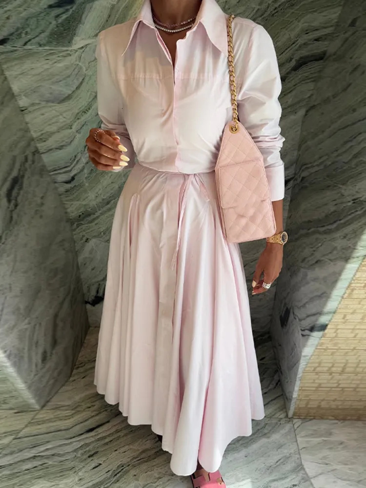 Casual Solid Lapel Shirt Long Skirt Set Women Chic Perspective Shirts Pleated A-lined Skirts Sets Female 2025 Fashion Streetwear 251105