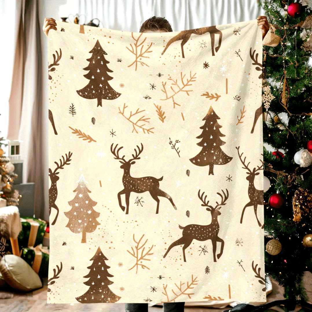 Christmas Elk and Trees Flannel Blanket - Features a modern digital print elk pine tree and snowflake design for home travel C251111