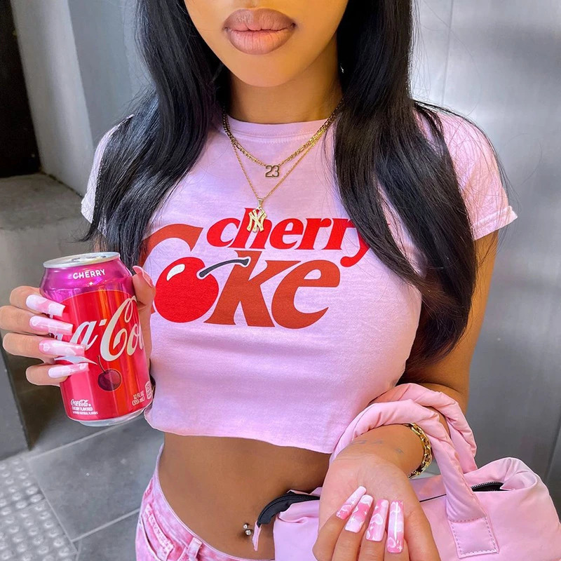 Summer Kawaii Sleeve Tee Vintage Graphic T-shrit Womens clothing Cartoon Cherry Print Accessories Y2k Clothing Cropped Top Tees 250410