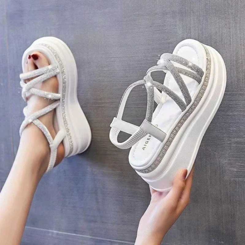 Hot womens platform shiny sandals new summer 7.5CM high heels womens crystal wedge beach walking shoes slippers sandalsXJ250410