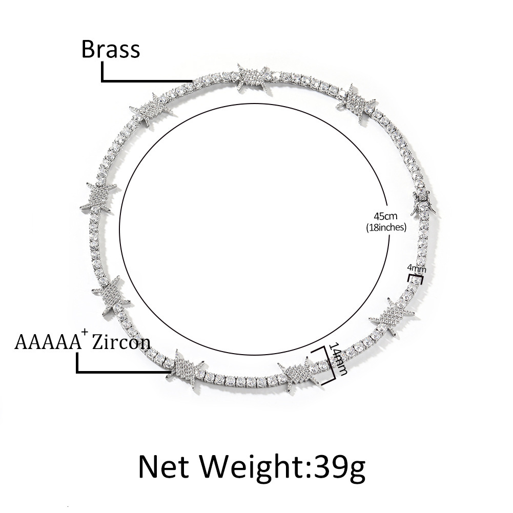 Hip Hop Full Bling Cz Stones Barbed Wire Thorn Tennis Necklace For Men 14k Gold Plated Copper Prong Iced Out Cubic Zircon Party Rapper Jewelry Accesso