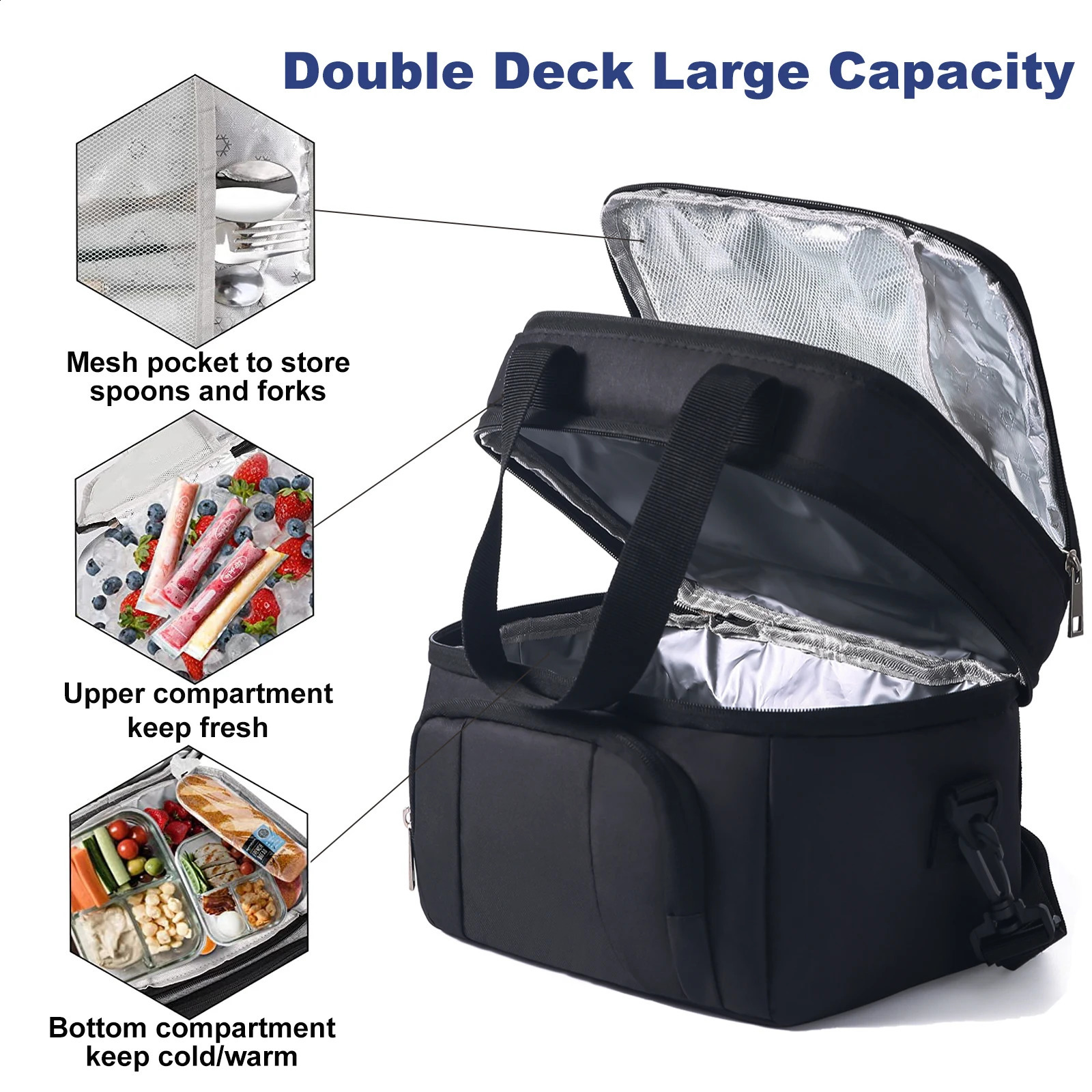Double layer insulated lunch bag portable lunch box waterproof picnic insulated bag with adjustable belt 250410