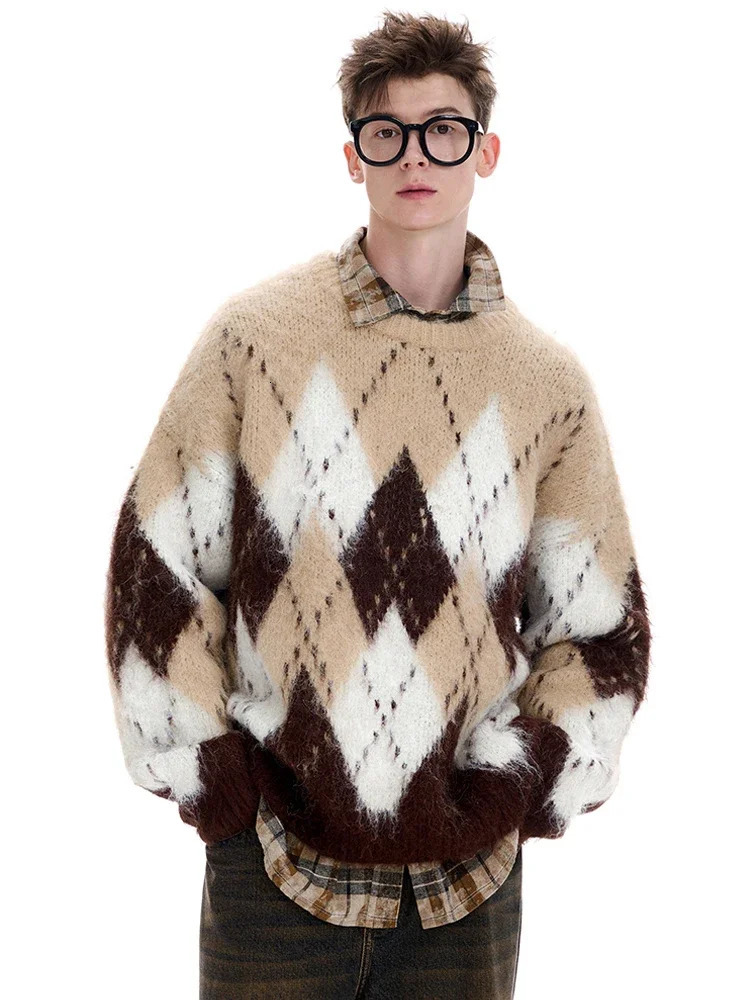 Spliced Christmas Red Diamond Grid Top Checkered Round Neck Knit Long Sleeve Retro Sweater Women Street Loose Casual 251106