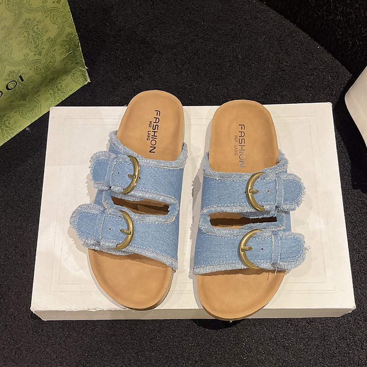 Women's Summer 2025 new high-end denim fashion flip-flops Belt buckle decoration platform flip-flops beach shoes flip-flops