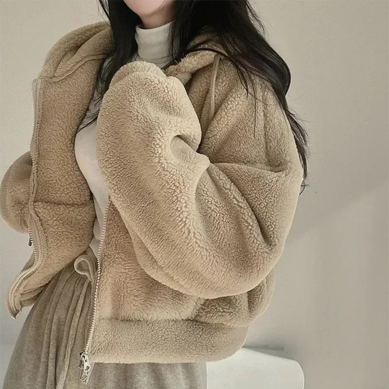 Women Lamb Fleece Hoodies Solid Color Autumn Winter Zipper Jackets Thicken Warm Hooded Coats Ladies Casual Plush Outerwear 251106