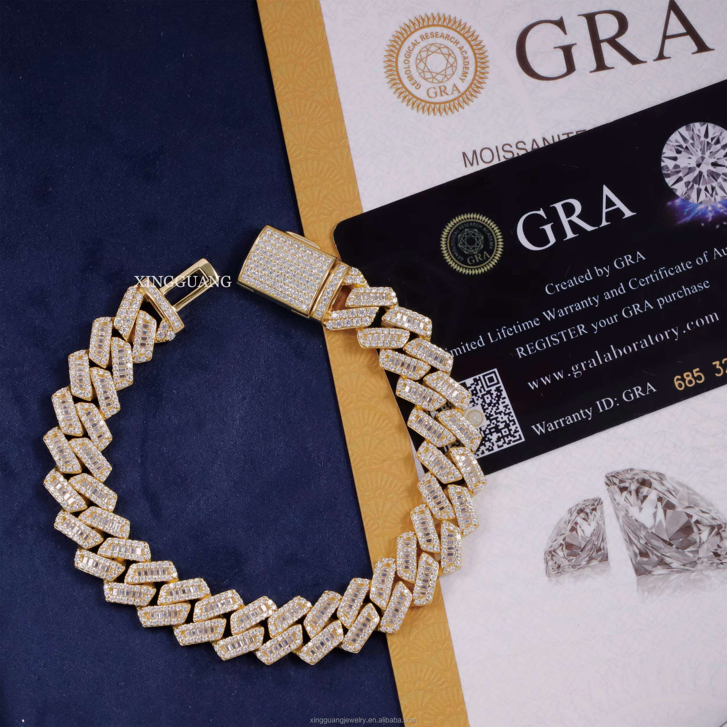 Pass Diamond Tester Hip Hop 13mm Width Iced Out Baguette Moissanite Silver with Gold Plated Cuban Link Chain Bracelet for Men