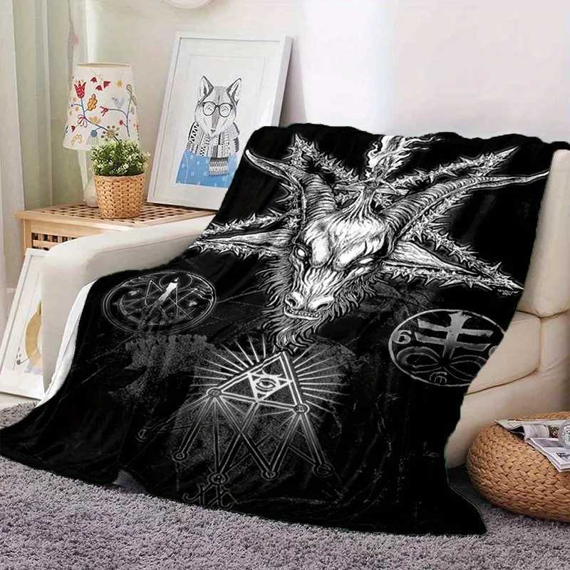 Satanic Goat Head Flannel Blanket Soft All-Season Black White Mystical Pattern with Pentagram Flames Gothic Home Decor C251111