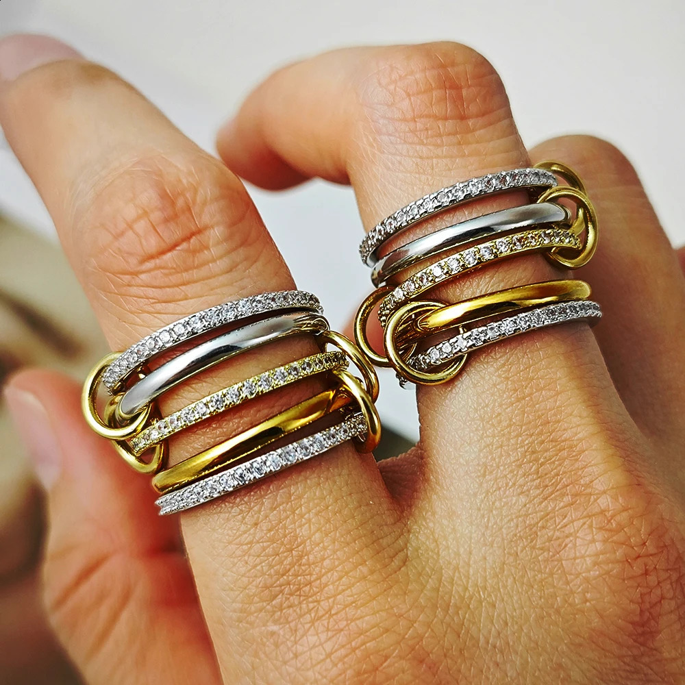 Spinelli Kilcollin Ring Stainless Steel Two tone n Miniature Paving CZ Five Piece Stackable Set for Womens Jewelry Gifts 250410