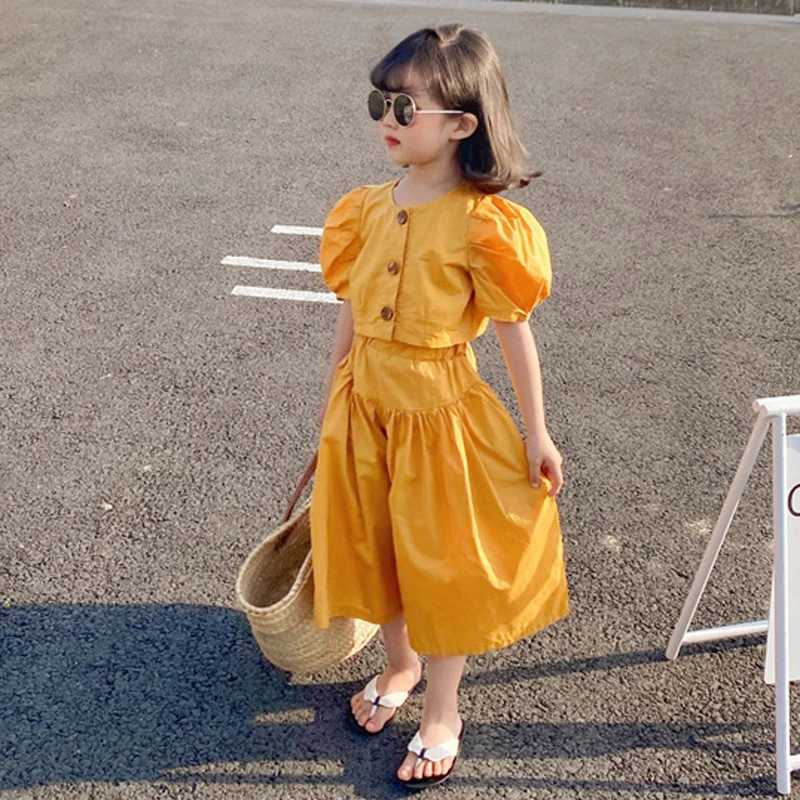 2022 Spring/Summer New Childrens Clothing Set Girls Fashion Set European and American High Waist Top Wide Leg PantsXJ250410