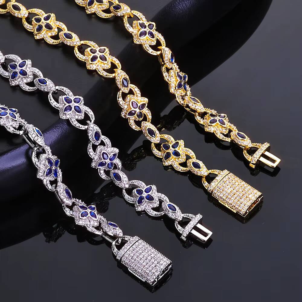 NUOYA 11mm Flip Button Chain Four Leaf Clover Eye Infinity Gold Plated Iced Out Moissanite Hip Hop Bracelet