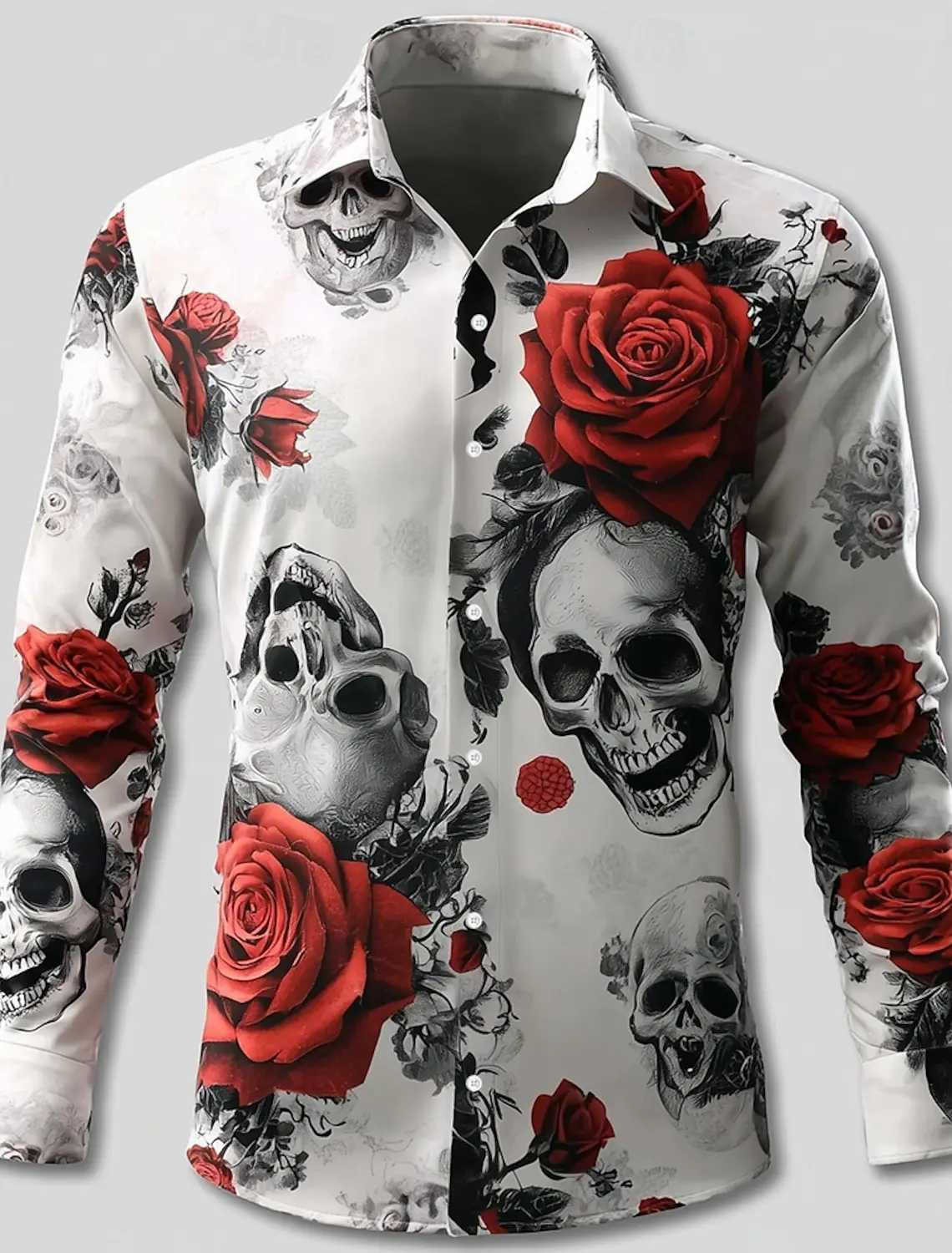 Mens Skeleton Rose Skulls Shirt Button Up Shirt Long Sleeve Dark Gothic Style Streetwear Turndown 3D Print Collared Shirts K251110