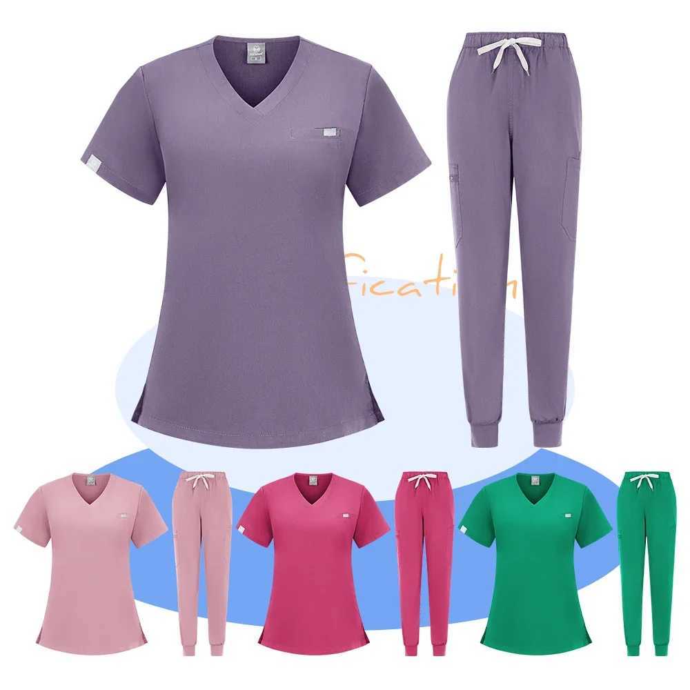 High Quty Fabric Nursing Scrubs Uniform Suit Short Slve V-neck Tops+Pants Sets Women Multicolor Pet Medical Workwear Nurse X250410