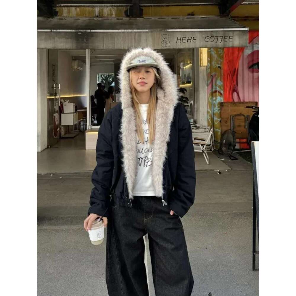 Winter High Street Fashion Retro Fur Collar Hooded Women's Y2k Veet Thick Warm Haruku Loose Casual Sports Jacket