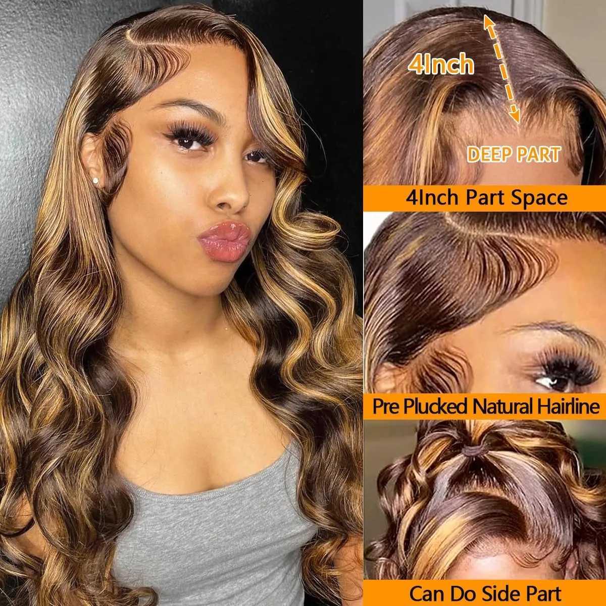 30 Inch Honey Blonde Ombre 13X4 HD Lace Front Wig Human Hair Highlight Body Wave Lace Frontal Wigs Pre Plucked 4/27 ColoredT251111