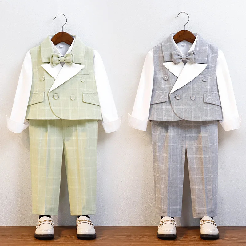 Trendy Boys Suit Set Spring British Style Formal Kids Plaid Vest Outfits Elegant School Child Birthday Pography Costume 250410