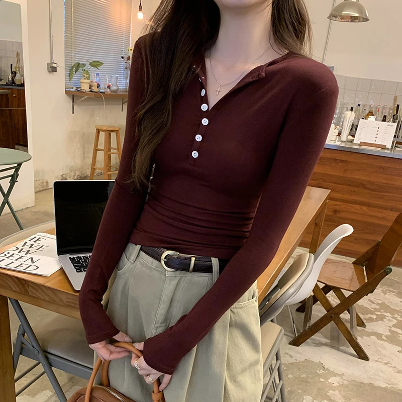 2025 Spring Casual Tshirt Womens Fashion Oneck Button Knitted Top Long Sleeve Comfortable Ultra Thin Shirt 250411Z