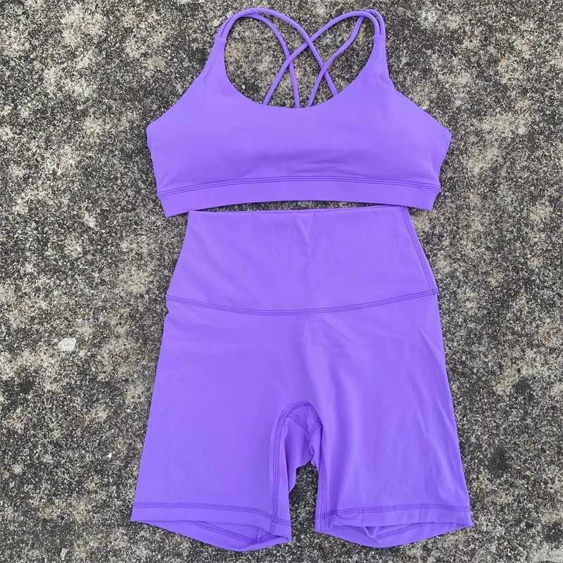 Solid color fitness bike yoga set short leg cross back sports bra 2pc track suit womens gym set comprehensive training JoW250411