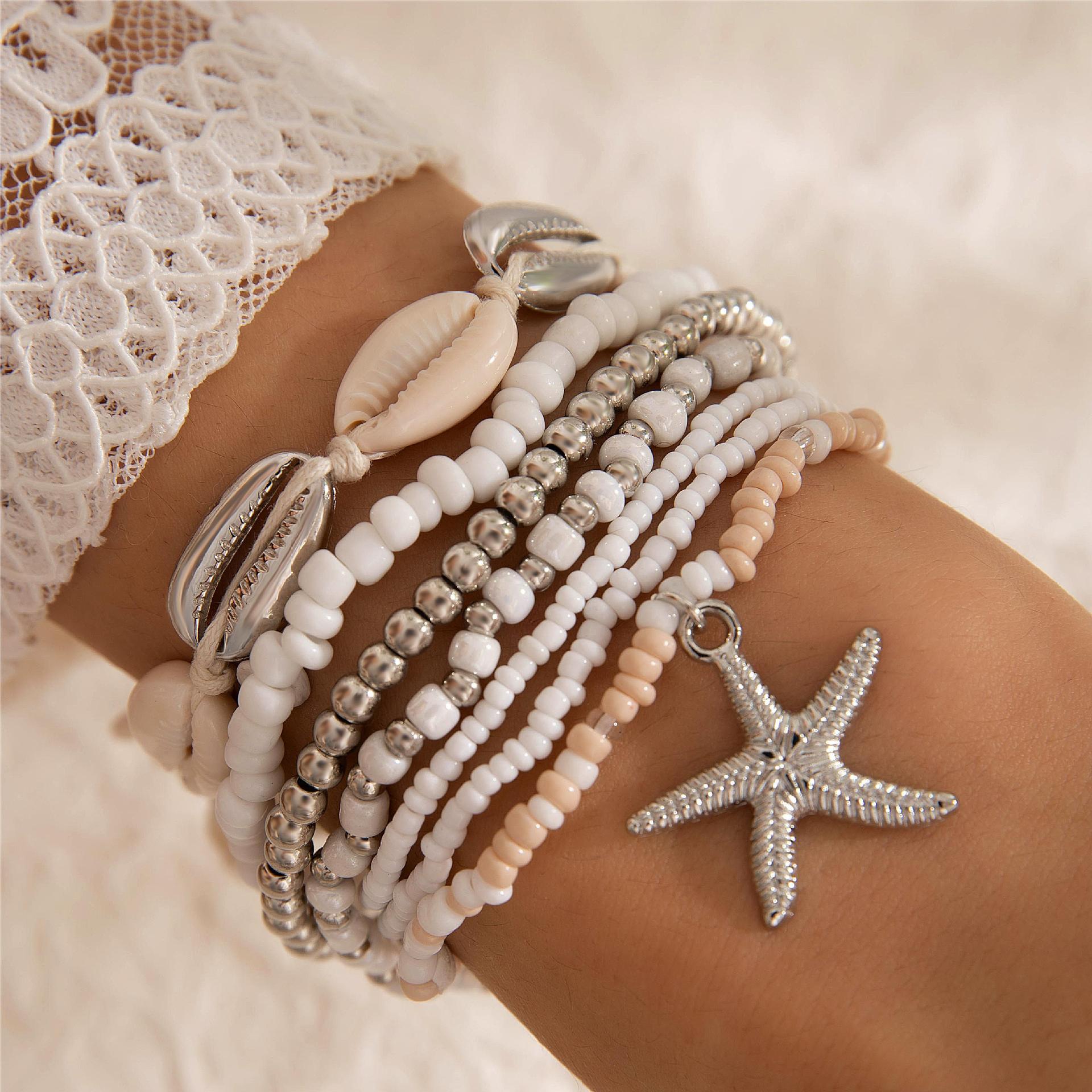 Seashell Jewelry Necklace Anklet Bracelet Bohemian Resort Style Beaded Woven Bracelet, Starfish Seed Bead 7-Piece Set Wholesale