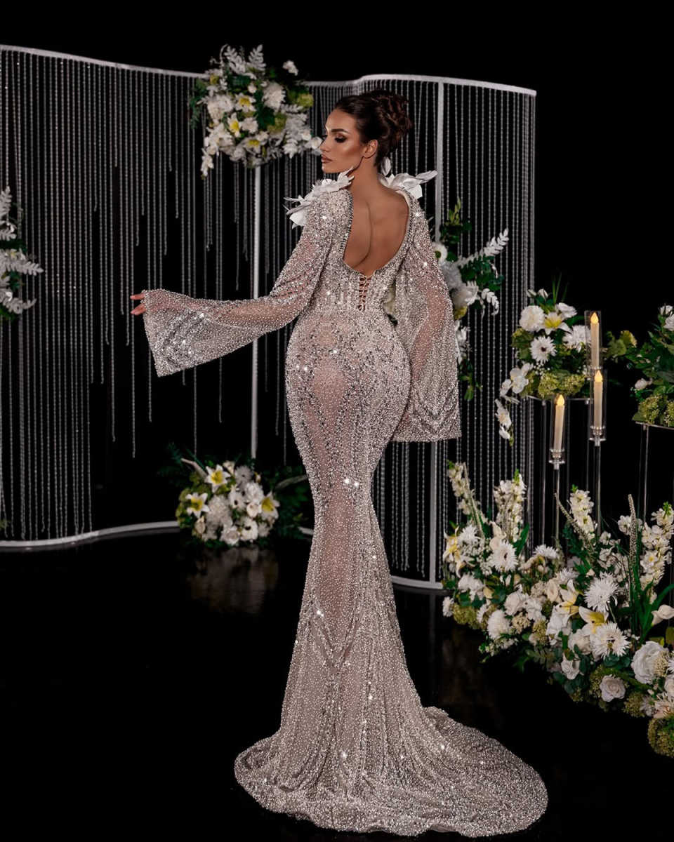 Sexy Mermaid Elegant Wedding Dresses With Sequins Full Sleeve 3D Appliques Sequins Backless Party Plus Size Custom Made vestido de novia