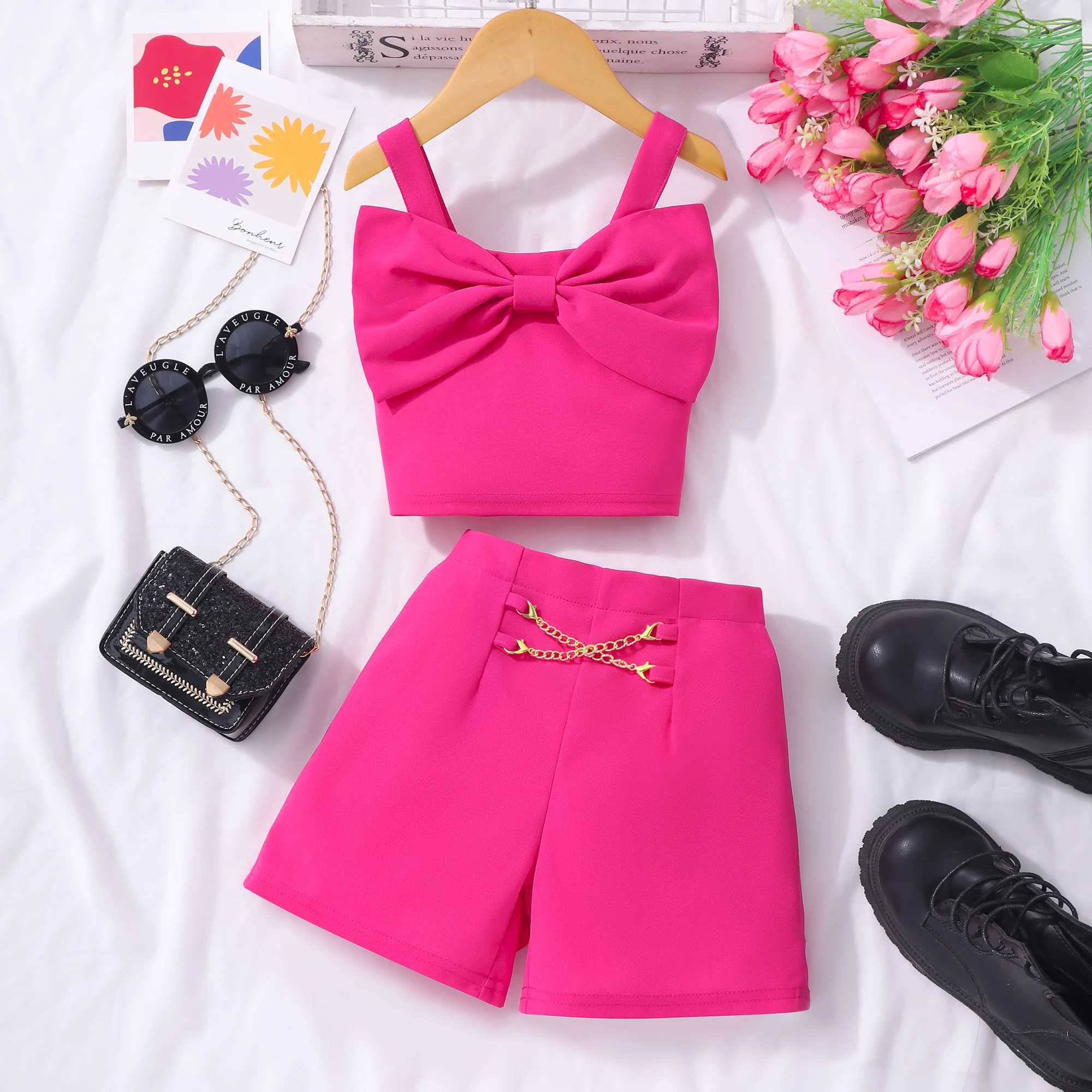 Rose Red Childrens Clothing Set Summer Bow Vest+Shorts 2PCS Cute Fashion Casual Preschool Girl Set 2 3 4 5 6 7 YrsXJ250410