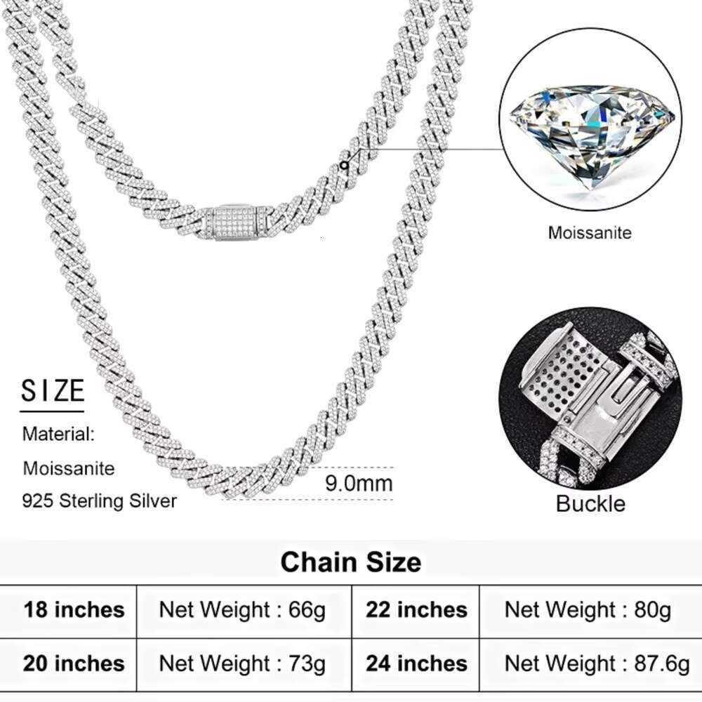 Dope Jewelry Sparkling Hiphop Cuban Link Chain 925 Sterling Silver Iced Out 9mm Moissanite Cuban Chain