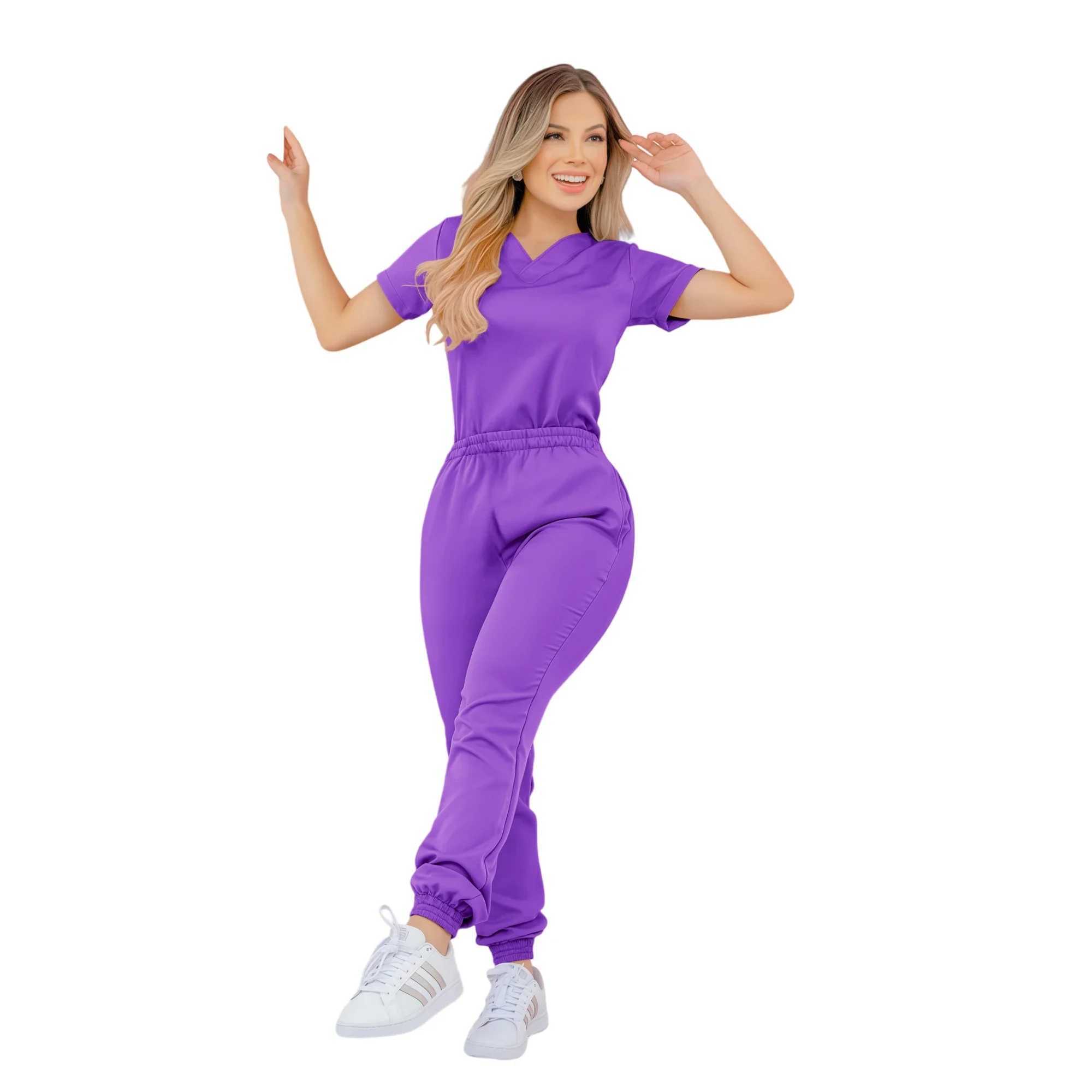 High quality frosted doctor medical center uniform comfortable staff scrub set womens beauty spa Sn Tunic Top+Pants workwear X250410