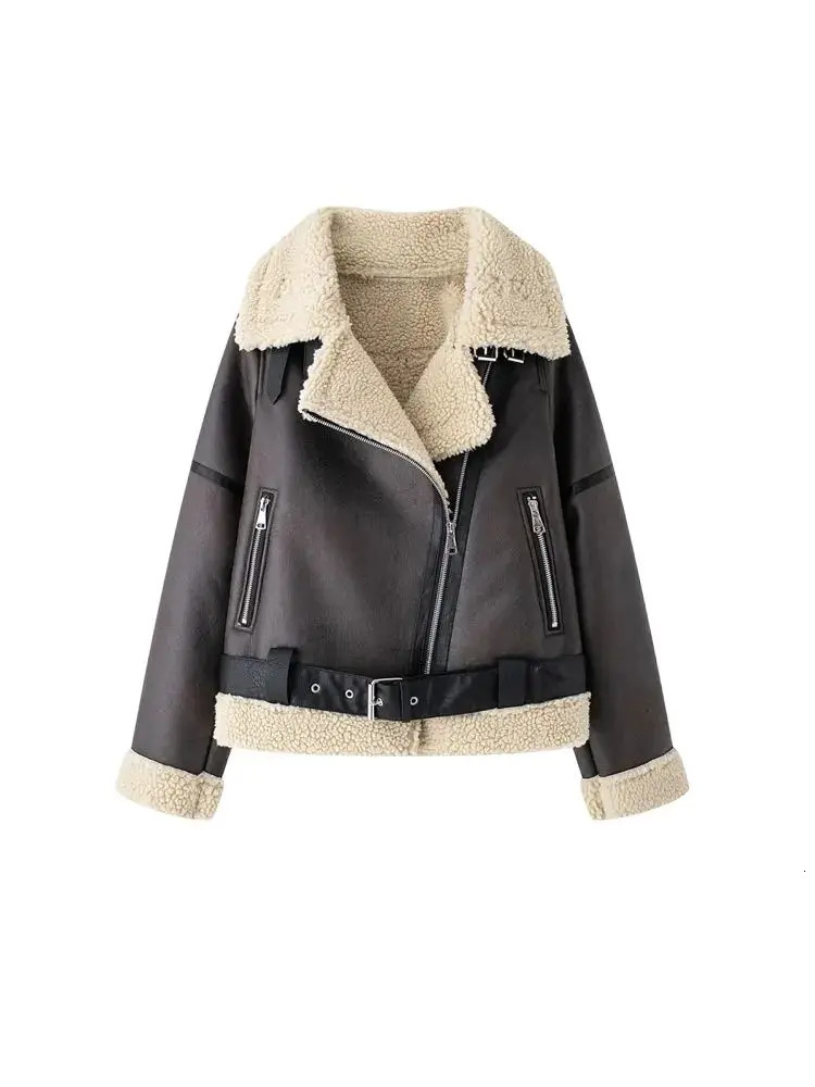 Womens Thick Warm Suede Jacket with Belt Long Sleeve Coats Faux Shearing Female Outerwear Chic Tops Winter Fashion 251105