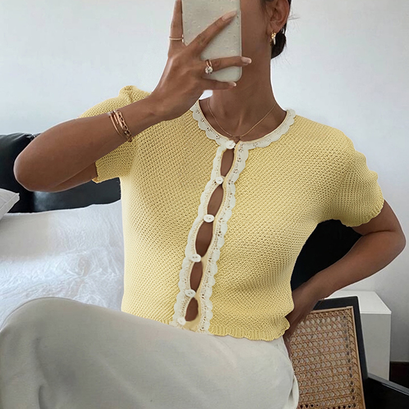 Women's Spring Summer Colorblocking Sweater Round Neck Comfortable Design Bohemian Casual Vacation Short Sleeve Front Button Knit Top---NBJ071